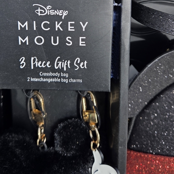 Disney Mickey Mouse Black and Red Glitter Ear Crossbody Bag with Charms 3 Piece - Picture 2 of 2